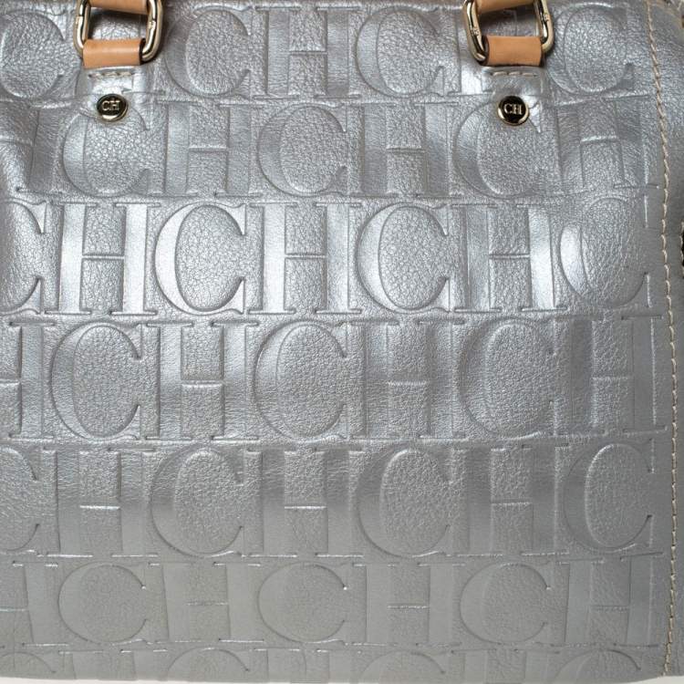 Pre Owned Carolina Herrera Metallic Silver Monogram Embossed Leather Andy Boston Bag