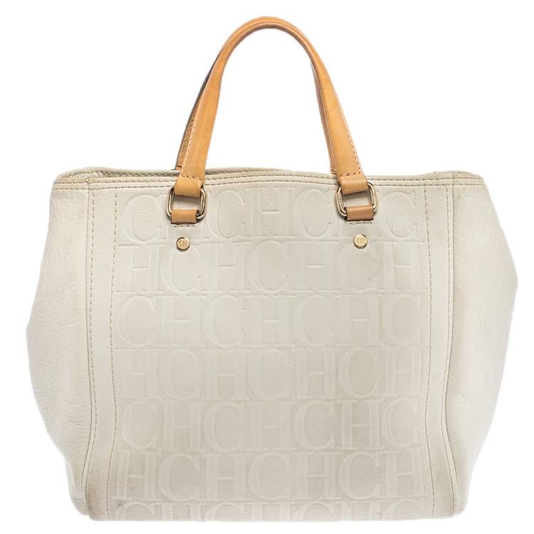 Pre Owned  Carolina Herrera White Monogram Embossed Leather Tote