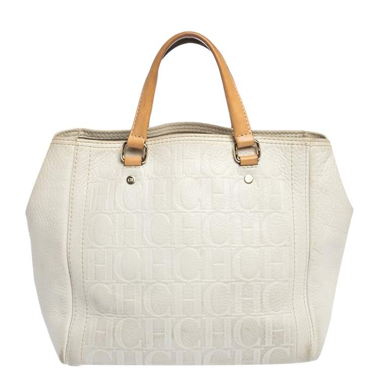 Pre Owned  Carolina Herrera White Monogram Embossed Leather Tote