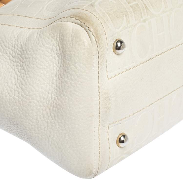 Pre Owned  Carolina Herrera White Monogram Embossed Leather Tote