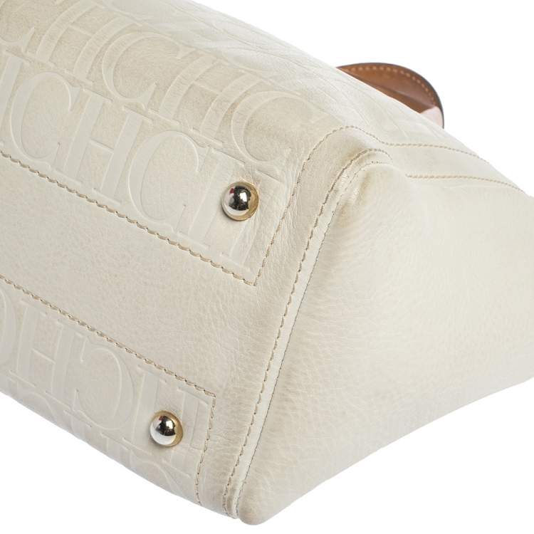 Pre Owned  Carolina Herrera White Monogram Embossed Leather Tote