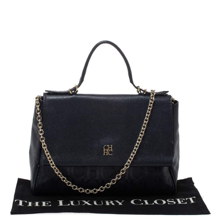 Pre Owned Carolina Herrera Navy Blue Leather Minueto Flap Bag