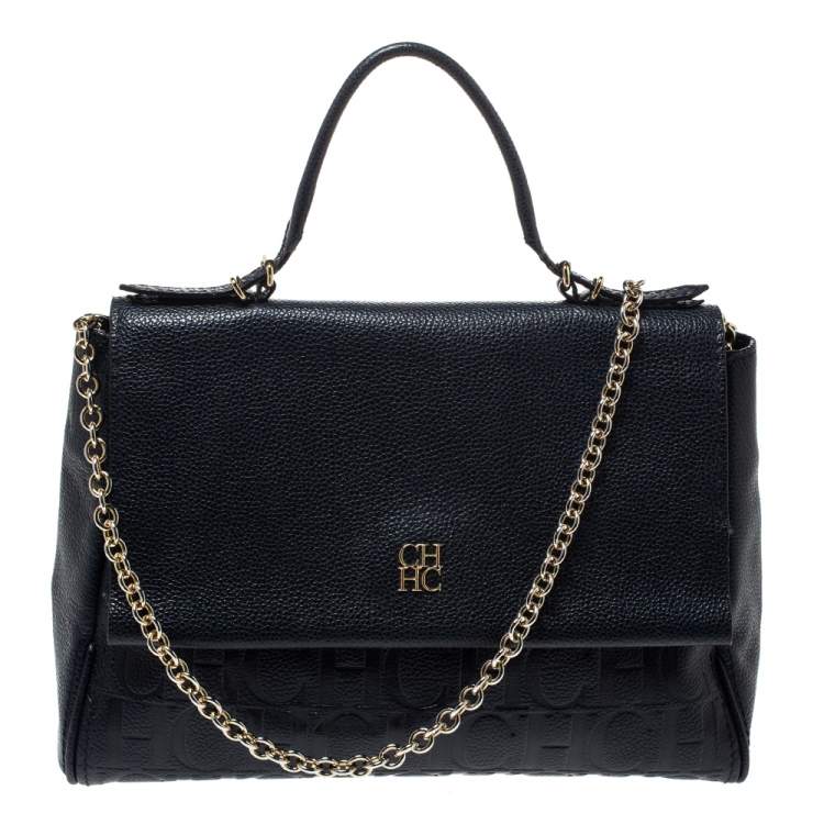 Pre Owned Carolina Herrera Navy Blue Leather Minueto Flap Bag