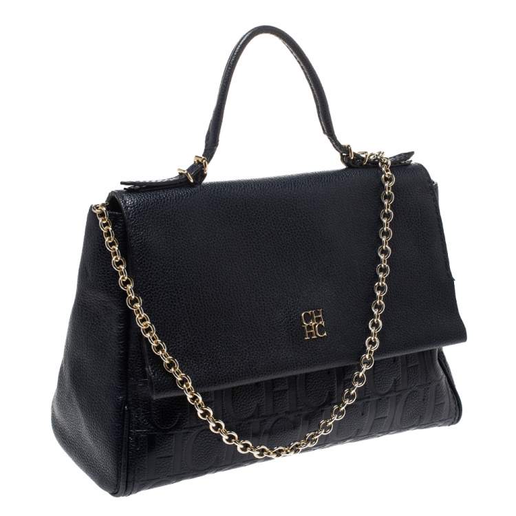 Pre Owned Carolina Herrera Navy Blue Leather Minueto Flap Bag