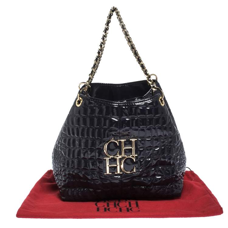 Pre Owned Carolina Herrera Puple Croc Embossed Patent Leather Tote