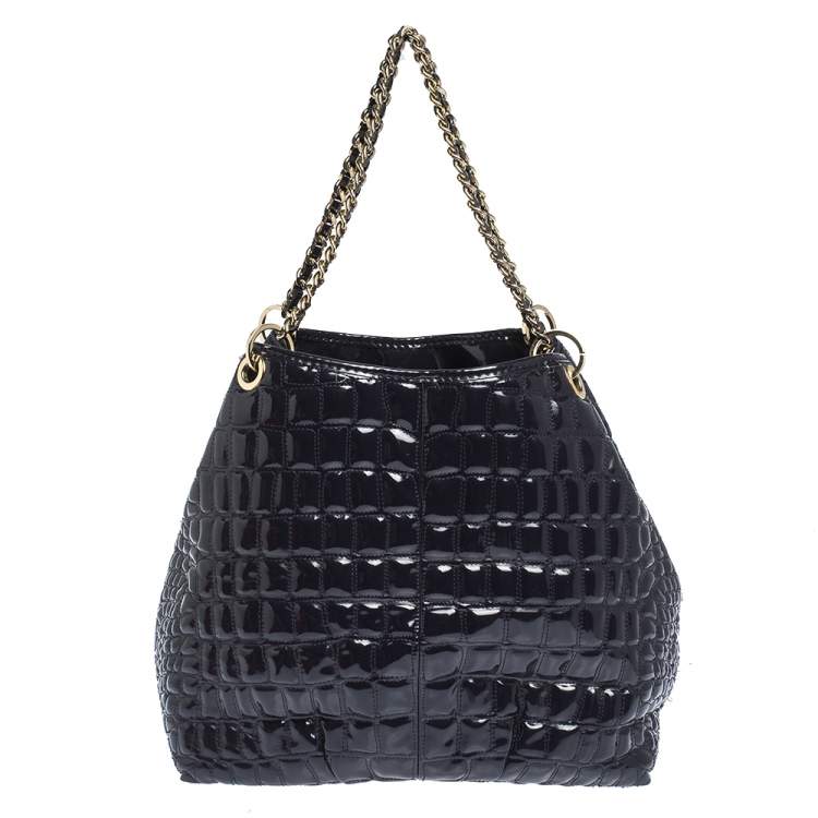 Pre Owned Carolina Herrera Puple Croc Embossed Patent Leather Tote