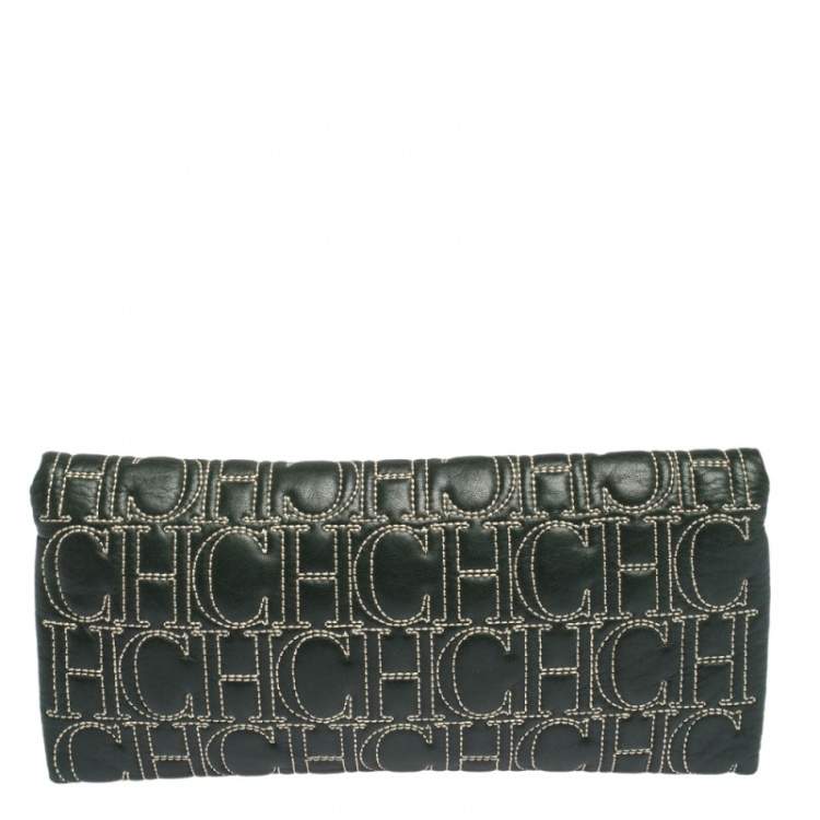 Pre Owned Carolina Herrera Dark Green Monogram Leather Jerry Clutch