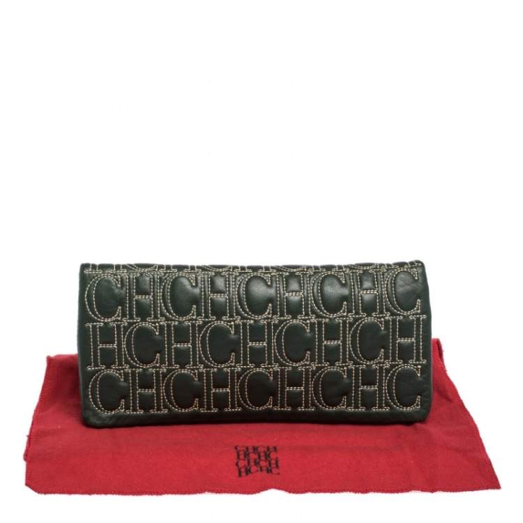 Pre Owned Carolina Herrera Dark Green Monogram Leather Jerry Clutch