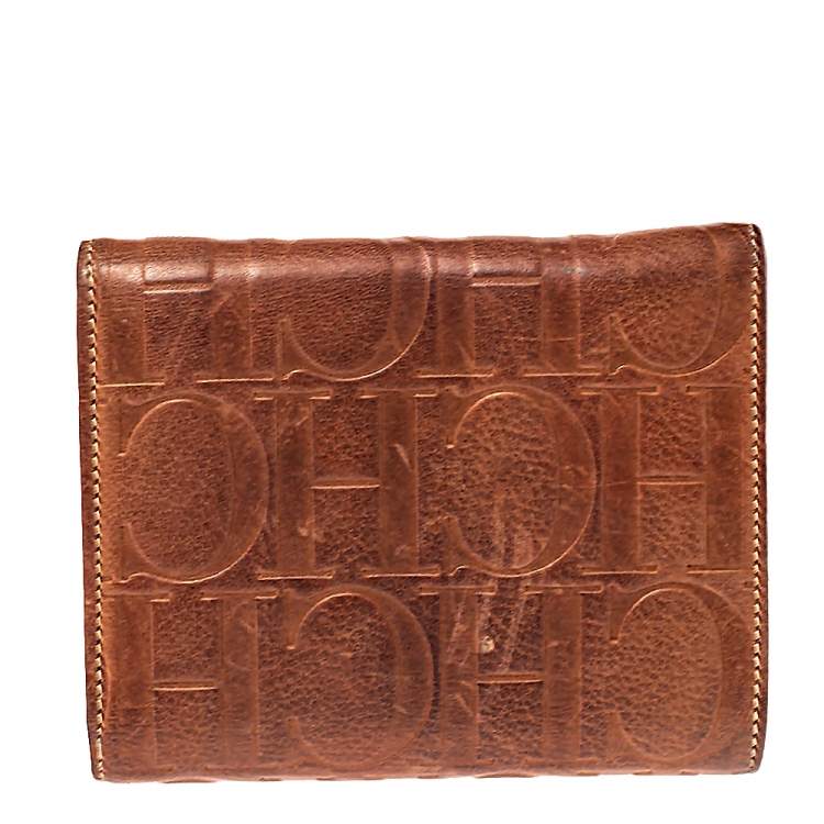 Pre Owned Carolina Herrera Brown Embossed Leather Trifold Compact Wallet