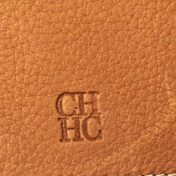 Pre Owned Carolina Herrera Brown Embossed Leather Trifold Compact Wallet
