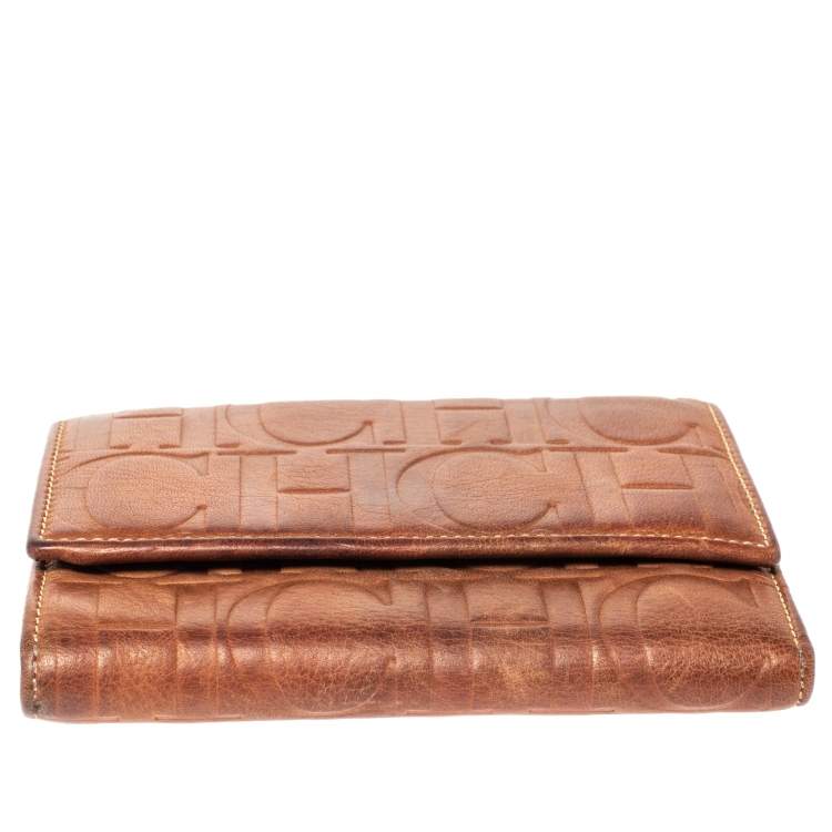 Pre Owned Carolina Herrera Brown Embossed Leather Trifold Compact Wallet