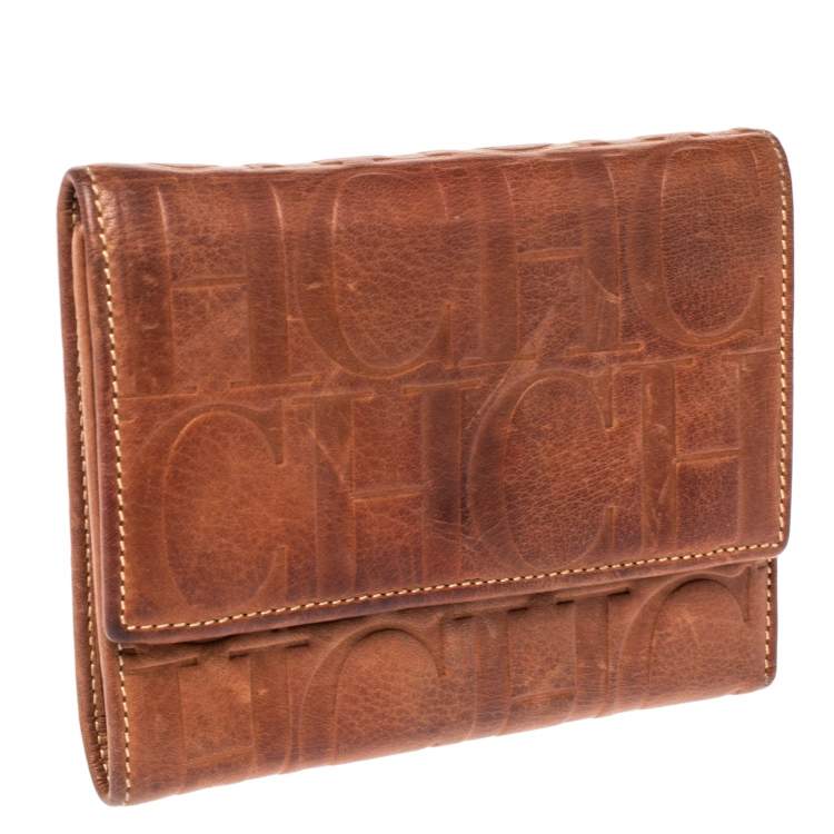 Pre Owned Carolina Herrera Brown Embossed Leather Trifold Compact Wallet