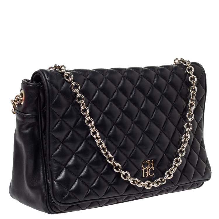 Pre Owned Carolina Herrera Black Quilted Leather Flap Chain Shoulder Bag