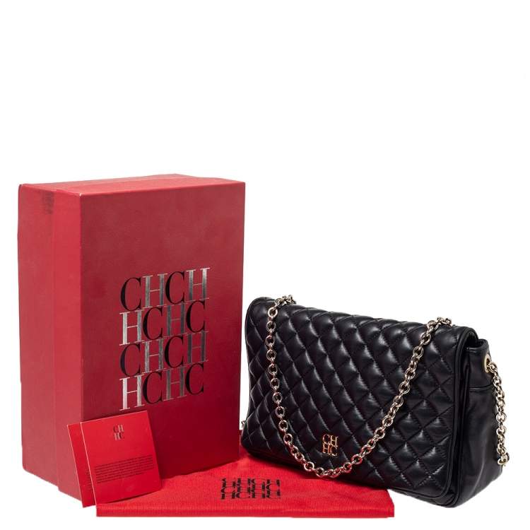 Pre Owned Carolina Herrera Black Quilted Leather Flap Chain Shoulder Bag