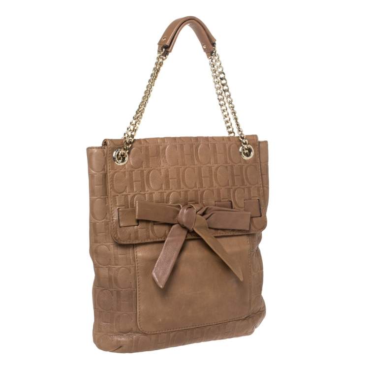 Pre Owned Carolina Herrera Light Brown Embossed Leather Bow Flap Hobo