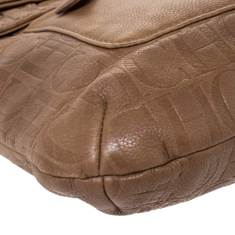 Pre Owned Carolina Herrera Light Brown Embossed Leather Bow Flap Hobo