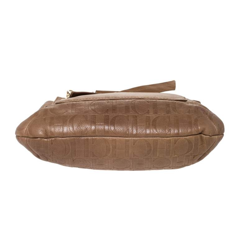 Pre Owned Carolina Herrera Light Brown Embossed Leather Bow Flap Hobo