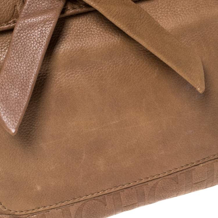 Pre Owned Carolina Herrera Light Brown Embossed Leather Bow Flap Hobo