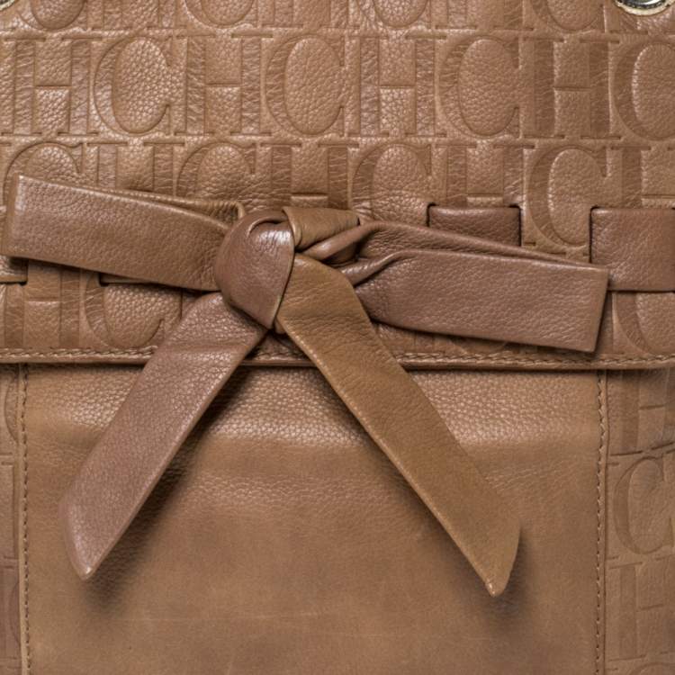 Pre Owned Carolina Herrera Light Brown Embossed Leather Bow Flap Hobo