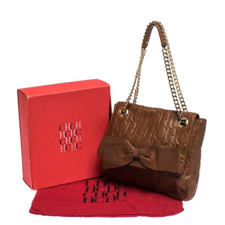 Pre Owned Carolina Herrera Brown Monogram Leather Audrey Shoulder Bag