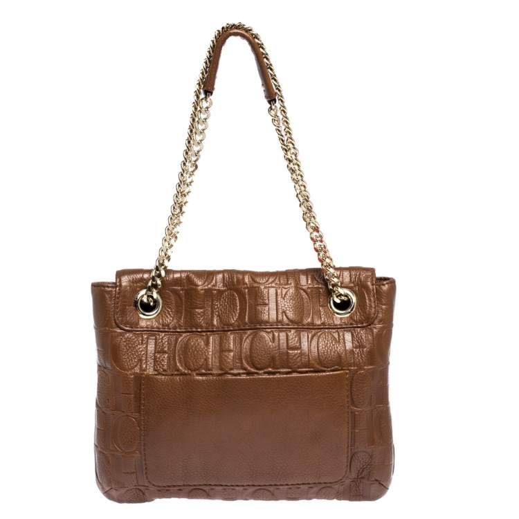 Pre Owned Carolina Herrera Brown Monogram Leather Audrey Shoulder Bag