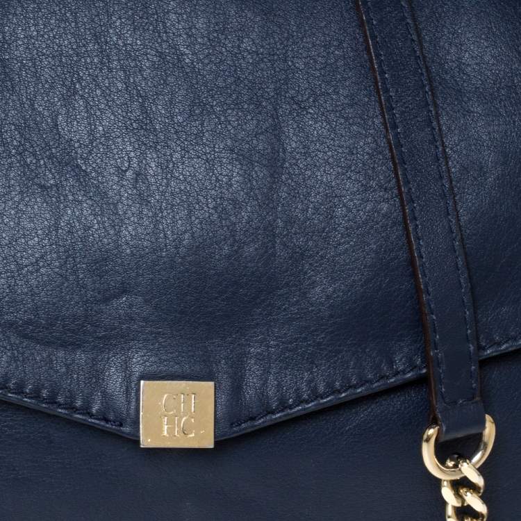 Pre Owned Carolina Herrera Blue Leather Flap Shoulder Bag