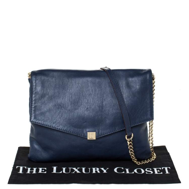 Pre Owned Carolina Herrera Blue Leather Flap Shoulder Bag