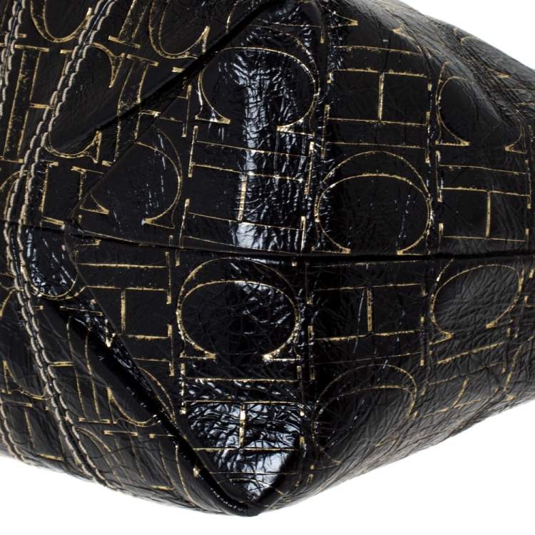 Pre Owned Carolina Herrera Black/Gold Monogram Patent Leather Chain Shoulder Bag