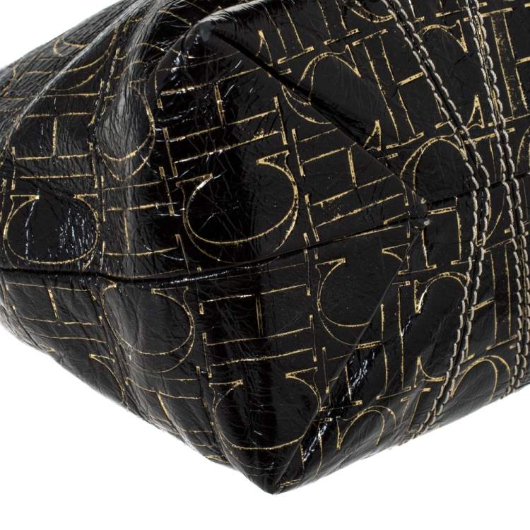 Pre Owned Carolina Herrera Black/Gold Monogram Patent Leather Chain Shoulder Bag