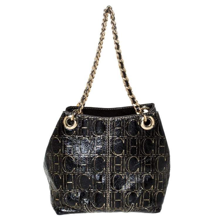 Pre Owned Carolina Herrera Black/Gold Monogram Patent Leather Chain Shoulder Bag