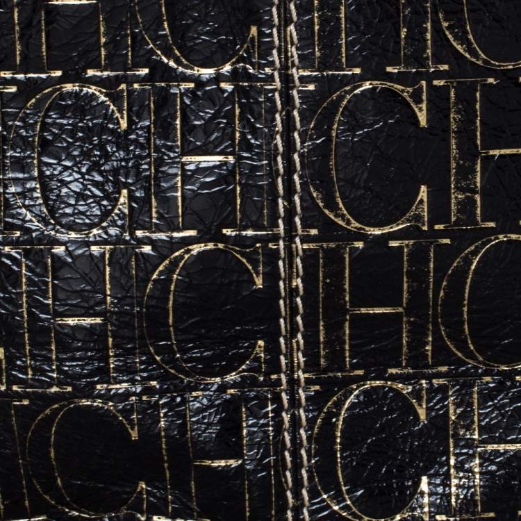 Pre Owned Carolina Herrera Black/Gold Monogram Patent Leather Chain Shoulder Bag