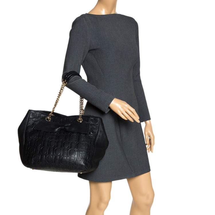 Pre Owned Carolina Herrera Black Monogram Leather Audrey Tote