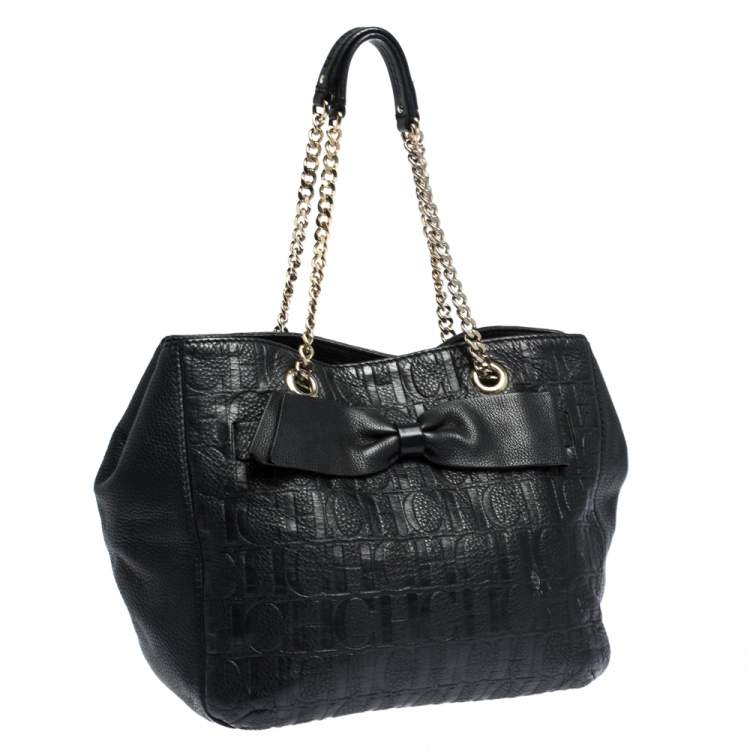 Pre Owned Carolina Herrera Black Monogram Leather Audrey Tote