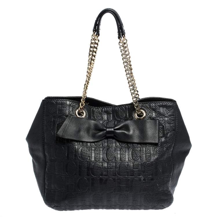 Pre Owned Carolina Herrera Black Monogram Leather Audrey Tote