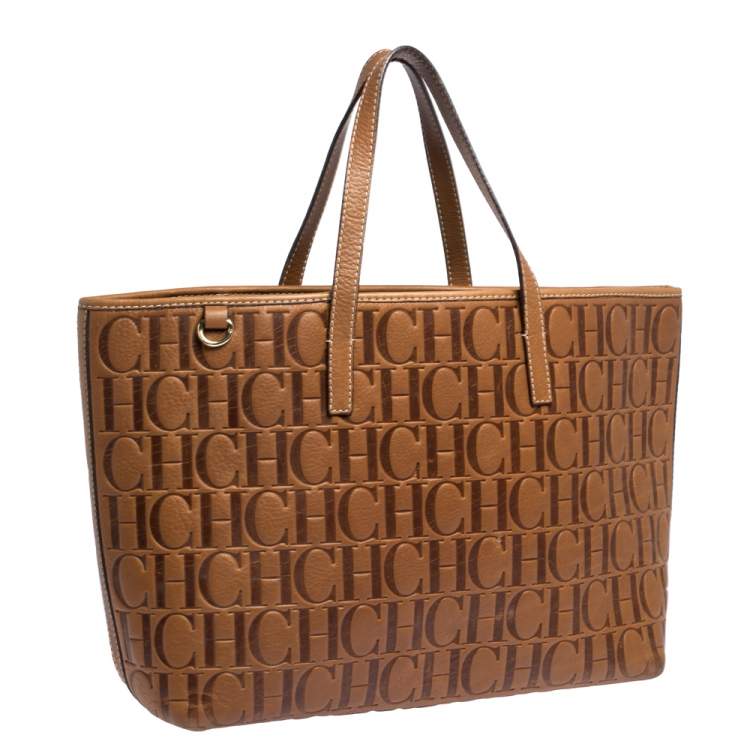 Pre Owned Carolina Herrera Brown Embossed Leather Tote