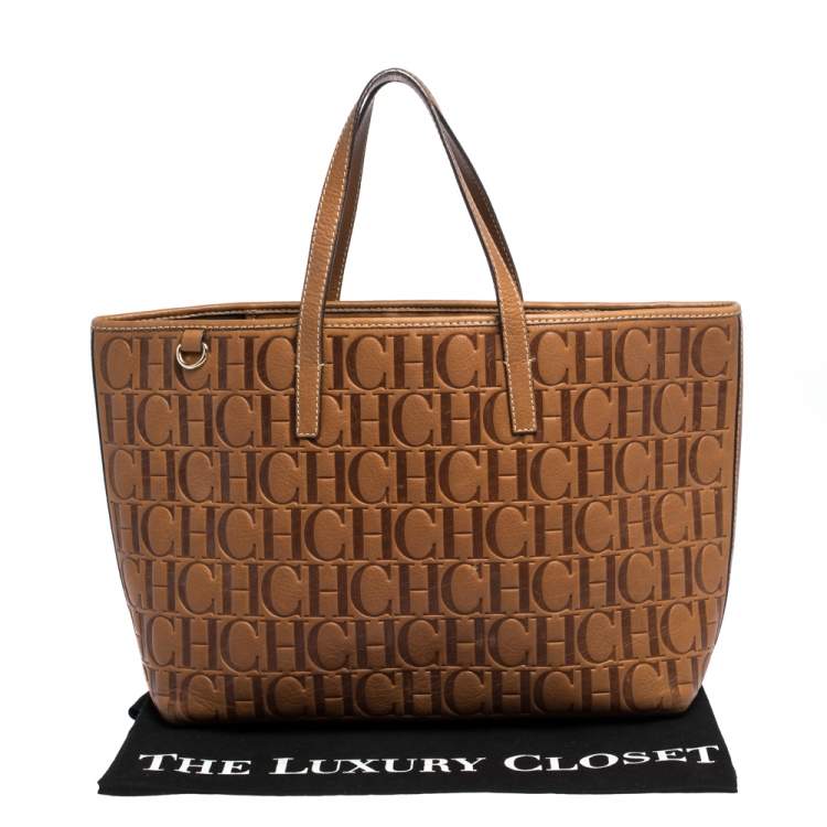 Pre Owned Carolina Herrera Brown Embossed Leather Tote