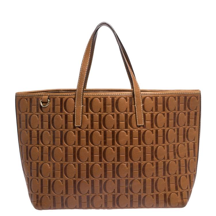 Pre Owned Carolina Herrera Brown Embossed Leather Tote