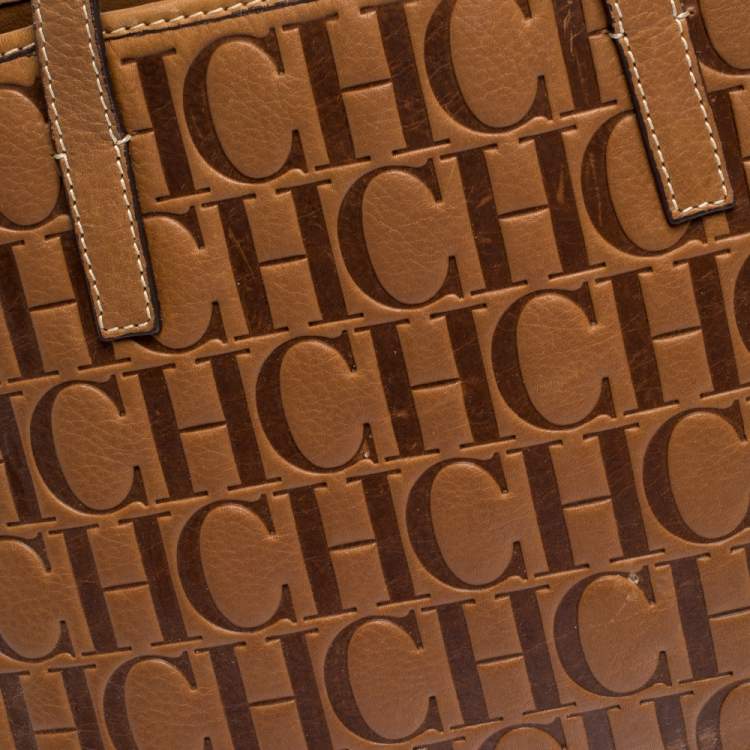 Pre Owned Carolina Herrera Brown Embossed Leather Tote