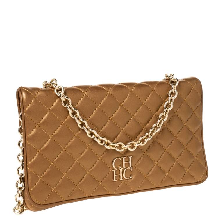 Pre Owned Carolina Herrera Gold Quilted Leather Chain Clutch
