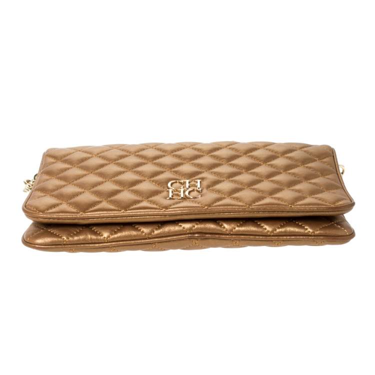 Pre Owned Carolina Herrera Gold Quilted Leather Chain Clutch