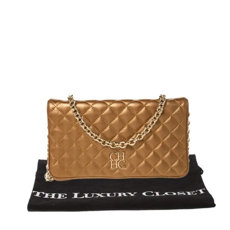 Pre Owned Carolina Herrera Gold Quilted Leather Chain Clutch