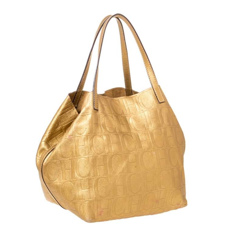 Pre Owned Carolina Herrera Gold Monogram Leather Matryoshka Tote