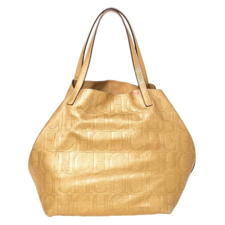 Pre Owned Carolina Herrera Gold Monogram Leather Matryoshka Tote