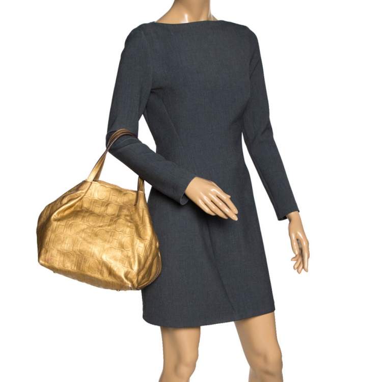 Pre Owned Carolina Herrera Gold Monogram Leather Matryoshka Tote