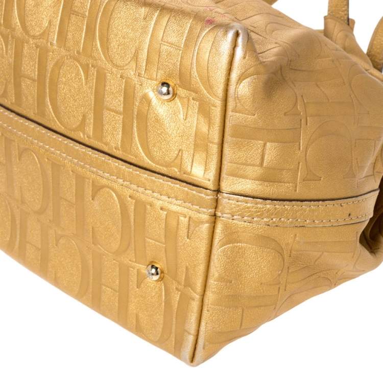 Pre Owned Carolina Herrera Gold Monogram Leather Matryoshka Tote