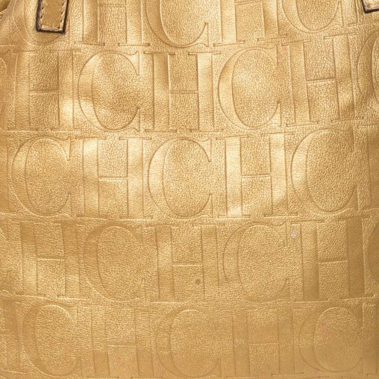 Pre Owned Carolina Herrera Gold Monogram Leather Matryoshka Tote