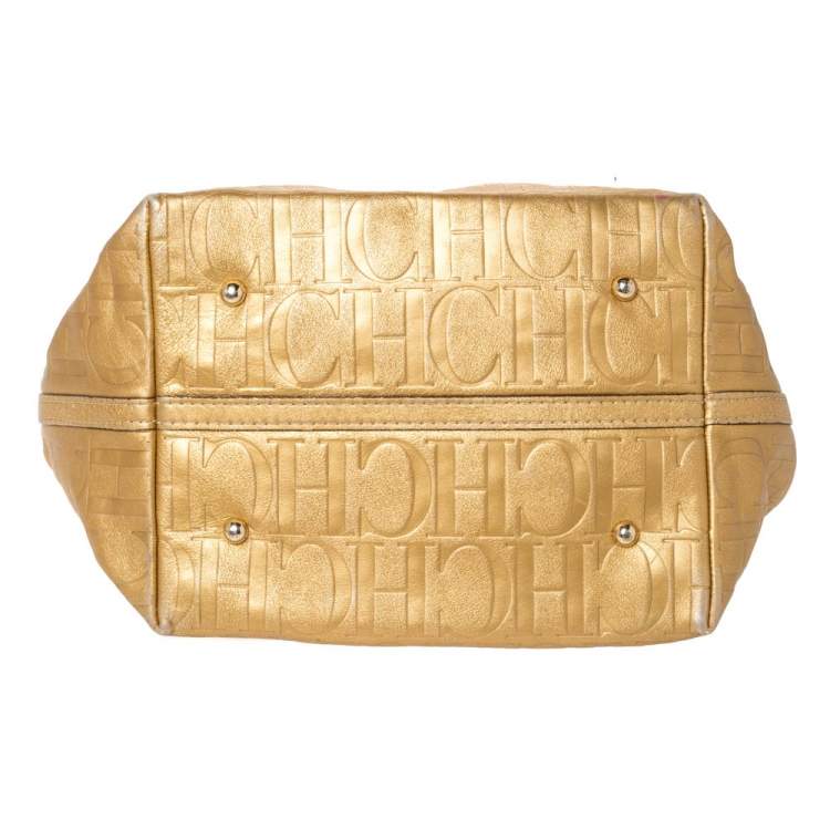 Pre Owned Carolina Herrera Gold Monogram Leather Matryoshka Tote