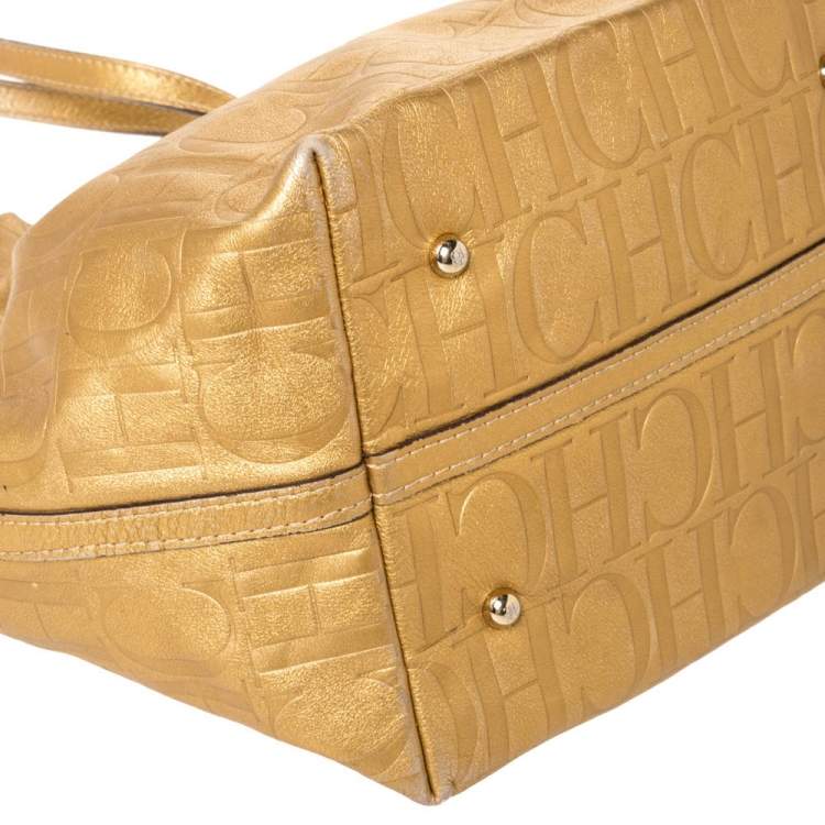 Pre Owned Carolina Herrera Gold Monogram Leather Matryoshka Tote