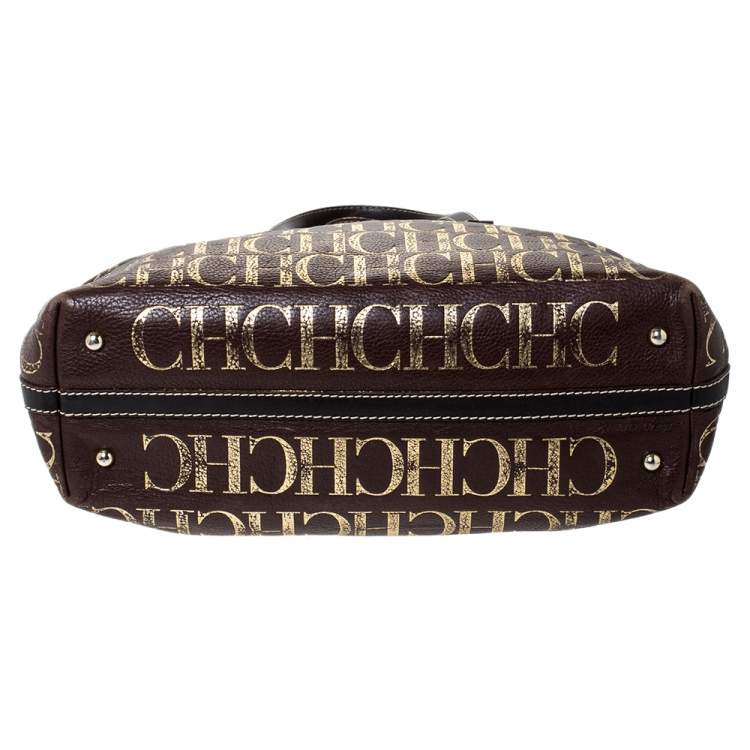 Pre Owned Carolina Herrera Brown/Gold Monogram Leather Shopper Tote