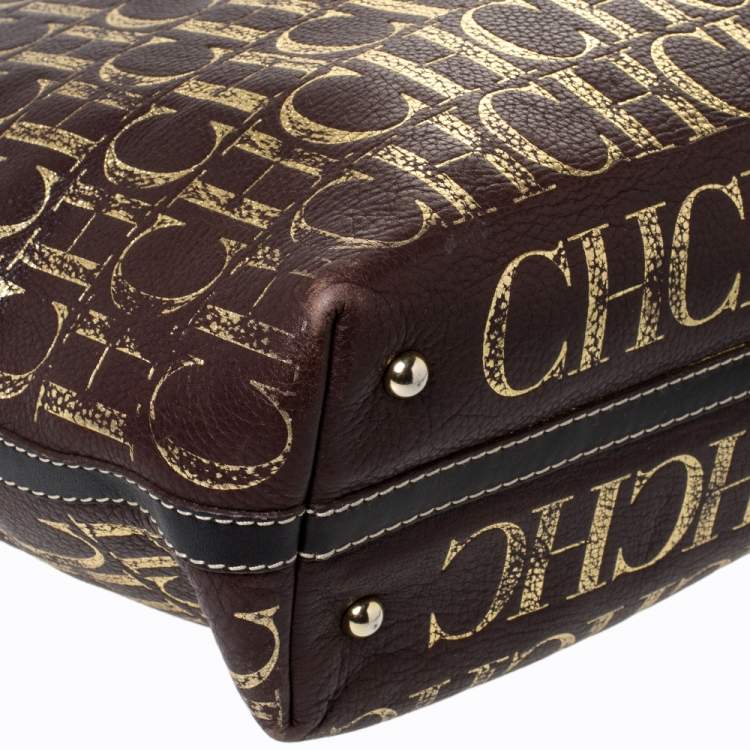 Pre Owned Carolina Herrera Brown/Gold Monogram Leather Shopper Tote
